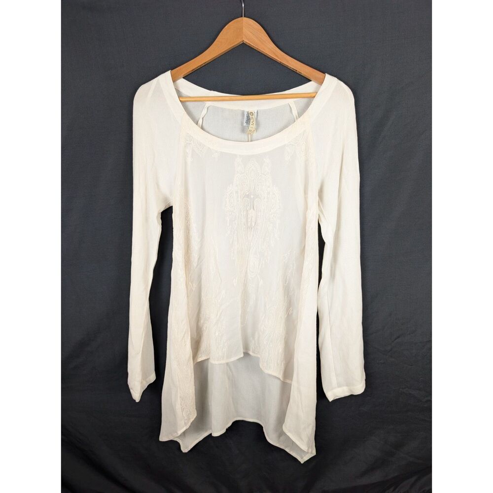 NWT XCVI Sheer Cream Embroidered Boho Tunic Top High Low Long Sleeve